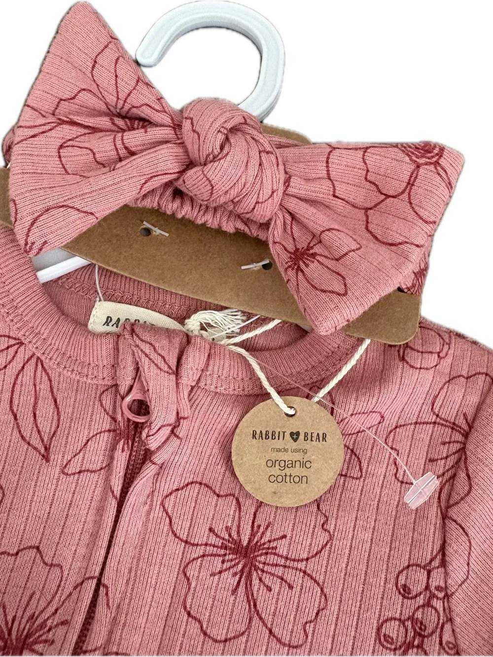 Organic Cotton 2 Piece Set Rabbit+Bear Pink Floral Footsie Pajamas & Bow